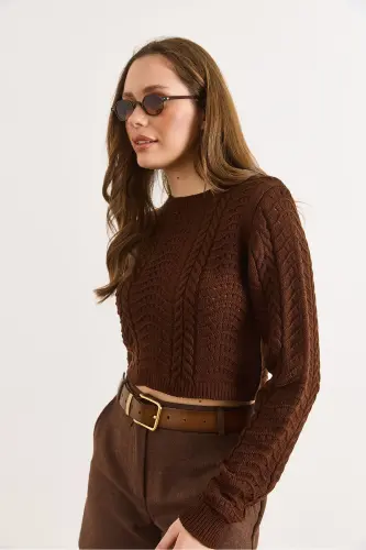 Kadın Acı Kahve Dalga Örgüllü Crop Triko Kazak KZK-19000822-Acı Kahve - 6