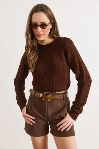 Kadın Acı Kahve Dalga Örgüllü Crop Triko Kazak KZK-19000822-Acı Kahve - OLALOOK (1)