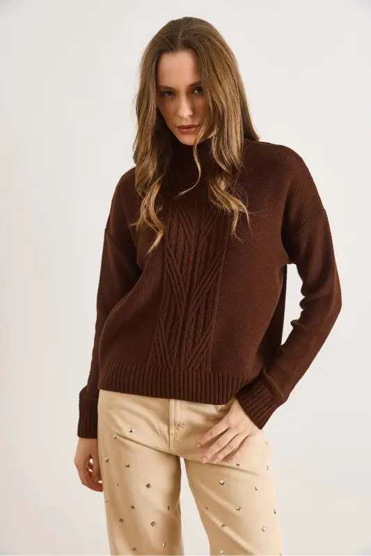 Kadın Acı Kahve Dik Yaka Ortası Saç Örgülü Triko Kazak KZK-19000912-Acı Kahve - 6