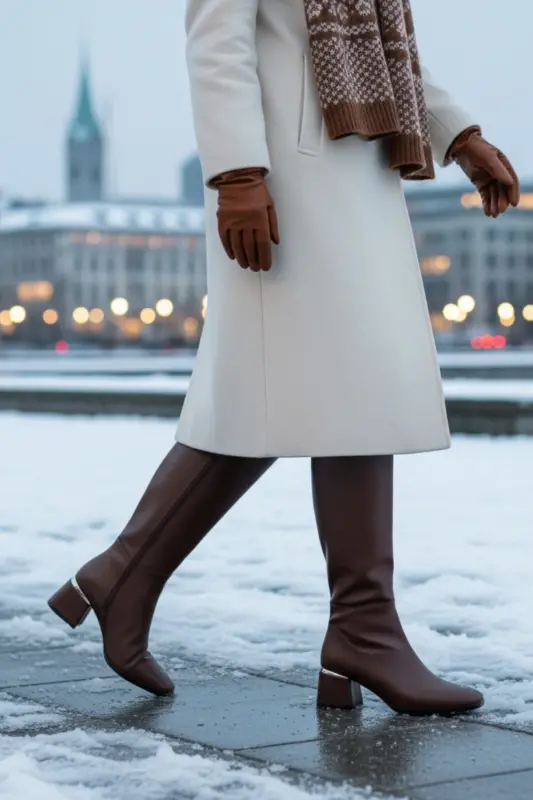 Kadın Acı Kahve Diz Altı Topuklu Parlak Detaylı Fermuarlı Deri Görünümlü Uzun Çizme-Kahverengi - 4