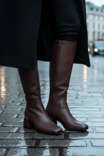 Kadın Acı Kahve Diz Altı Topuklu Parlak Detaylı Fermuarlı Deri Görünümlü Uzun Çizme-Kahverengi - LIMEO (1)