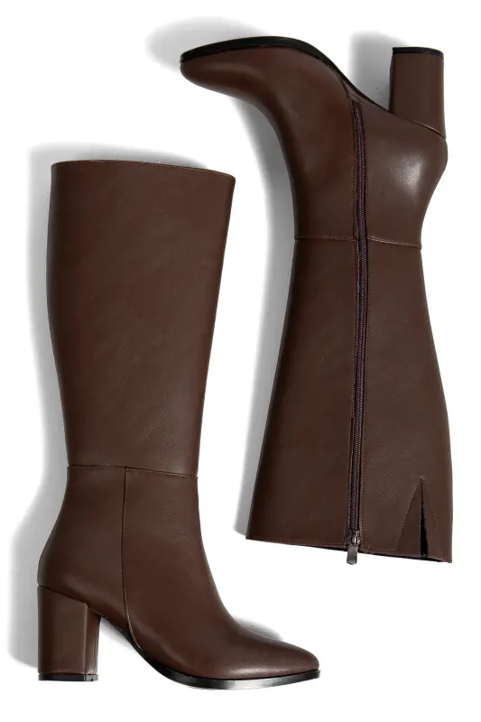 Kadın Acı Kahve Fermuarlı Diz Altı Boy Topuklu Çizme-Kahverengi - 3