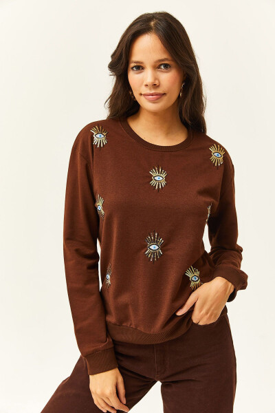 Kadın Acı Kahve Göz Nakışlı Mevsimlik Sweatshirt SWT-19000598 - Acı Kahve - OLALOOK (1)