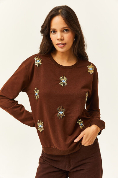 Kadın Acı Kahve Göz Nakışlı Mevsimlik Sweatshirt SWT-19000598 - Acı Kahve - 3