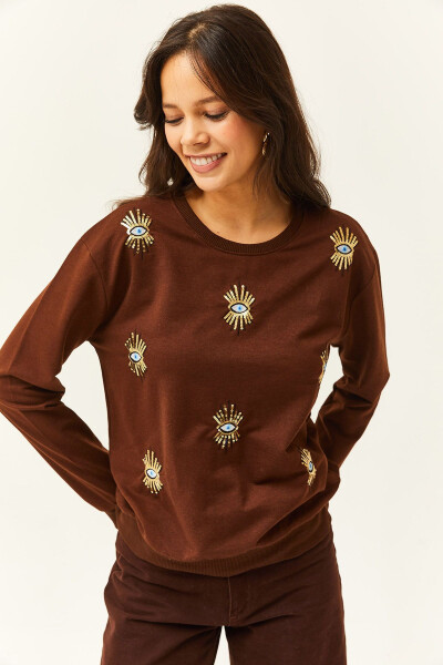 Kadın Acı Kahve Göz Nakışlı Mevsimlik Sweatshirt SWT-19000598 - Acı Kahve - 4