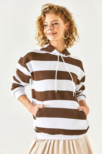 Kadın Acı Kahve Kalın Çizgili Kanguru Cepli İçi Polarlı Sweatshirt SWT-19000615-Acı Kahve - 2