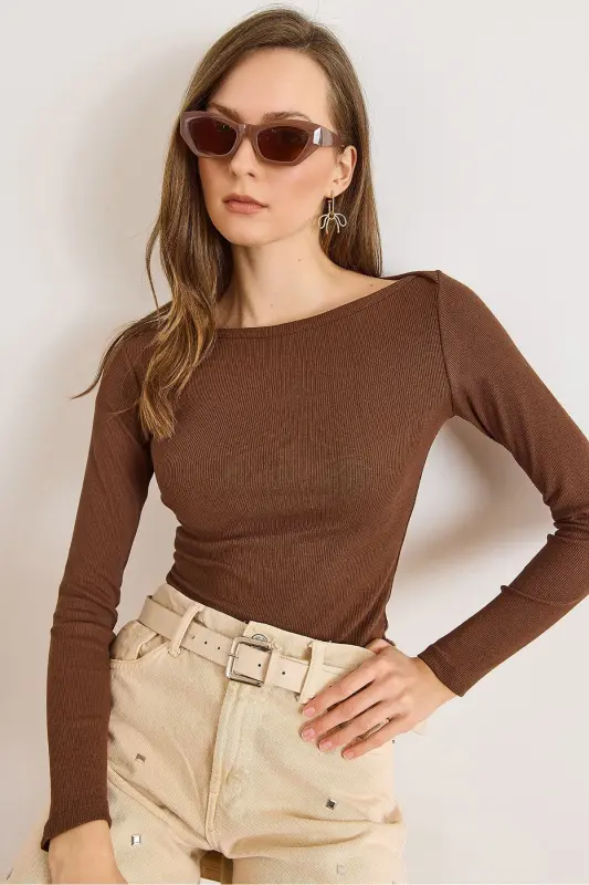 Kadın Acı Kahve Kayık Yaka Fitilli Esnek Pamuk Bluz BLZ-19002795-Acı Kahve - 1