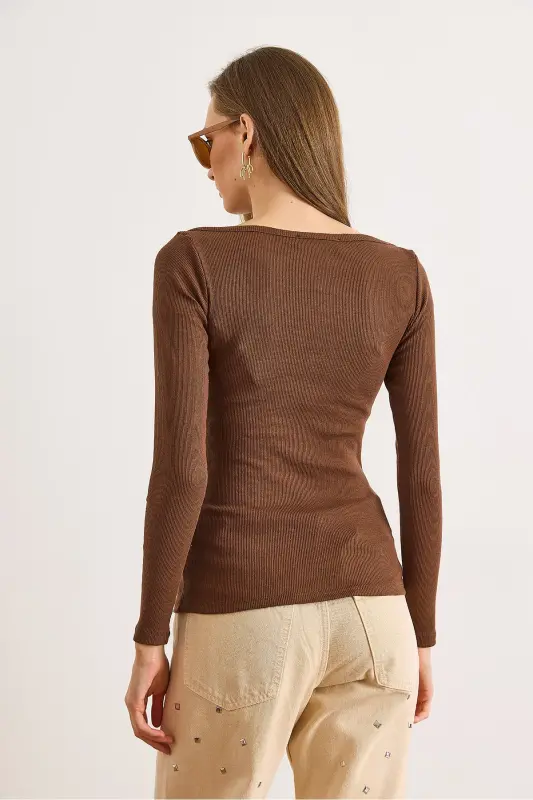 Kadın Acı Kahve Kayık Yaka Fitilli Esnek Pamuk Bluz BLZ-19002795-Acı Kahve - 2