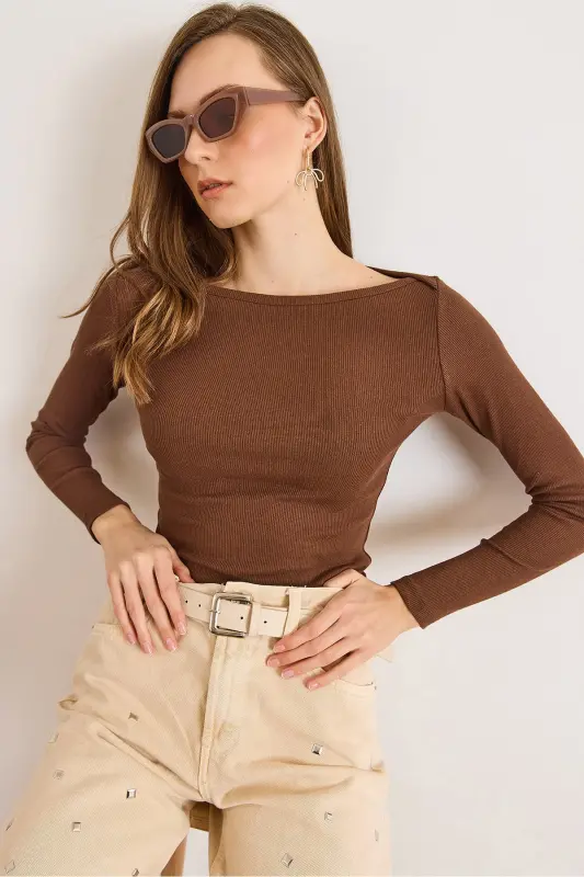 Kadın Acı Kahve Kayık Yaka Fitilli Esnek Pamuk Bluz BLZ-19002795-Acı Kahve - 4