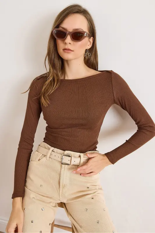 Kadın Acı Kahve Kayık Yaka Fitilli Esnek Pamuk Bluz BLZ-19002795-Acı Kahve - 6