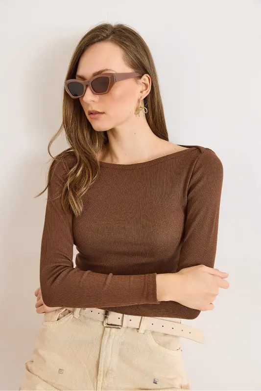 Kadın Acı Kahve Kayık Yaka Fitilli Esnek Pamuk Bluz BLZ-19002795-Acı Kahve - 3