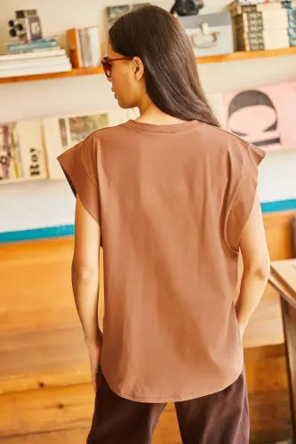 Kadın Acı Kahve Koltuk Altı Parçalı Yarasa Tişört TSH-19000330-Acı Kahve - 2