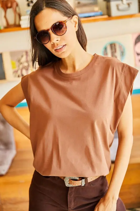 Kadın Acı Kahve Koltuk Altı Parçalı Yarasa Tişört TSH-19000330-Acı Kahve - 6