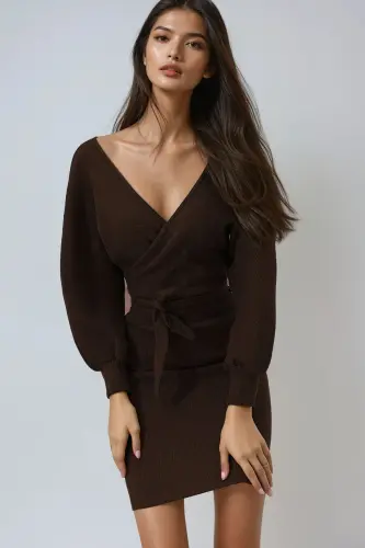 Kadın Acı Kahve Kruvaze Yaka Yarasa Kollu Beli Kemerli Kaşkorse Elbise Alc-X7623-ACI KAHVE - 4