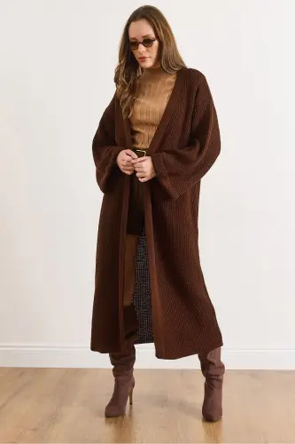 Kadın Acı Kahve Manşeti Katlamalı Maxi Triko Hırka HRK-19000297-Acı Kahve 