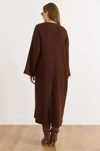 Kadın Acı Kahve Manşeti Katlamalı Maxi Triko Hırka HRK-19000297-Acı Kahve - OLALOOK (1)