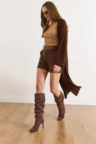 Kadın Acı Kahve Manşeti Katlamalı Maxi Triko Hırka HRK-19000297-Acı Kahve - 3
