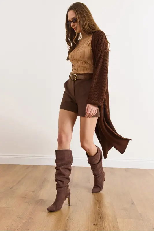 Kadın Acı Kahve Manşeti Katlamalı Maxi Triko Hırka HRK-19000297-Acı Kahve - 3