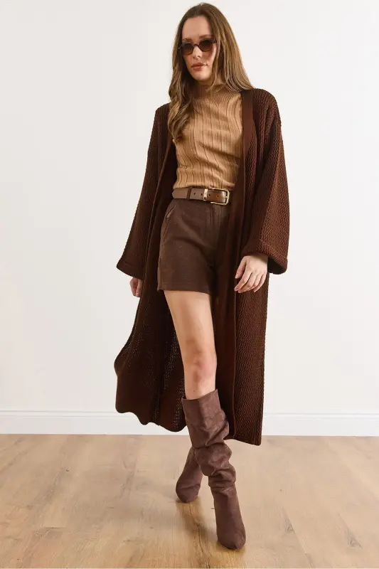 Kadın Acı Kahve Manşeti Katlamalı Maxi Triko Hırka HRK-19000297-Acı Kahve - 5