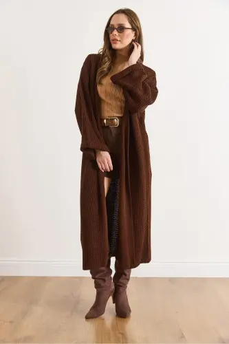 Kadın Acı Kahve Manşeti Katlamalı Maxi Triko Hırka HRK-19000297-Acı Kahve - 6