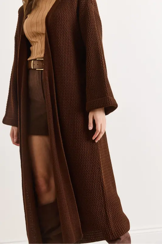 Kadın Acı Kahve Manşeti Katlamalı Maxi Triko Hırka HRK-19000297-Acı Kahve - 4