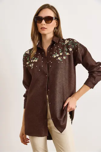 Kadın Acı Kahve Nakışlı İncili Yün Efektli Oversize Kışlık Gömlek GML-19001159-Acı Kahve - 4