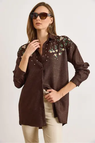 Kadın Acı Kahve Nakışlı İncili Yün Efektli Oversize Kışlık Gömlek GML-19001159-Acı Kahve - 5