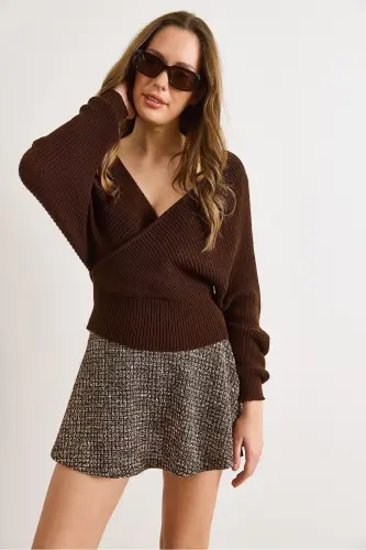 Kadın Acı Kahve Ön Arka Kruvaze Bel Üstü Crop Triko Kazak KZK-19000076-Acı Kahve - 6