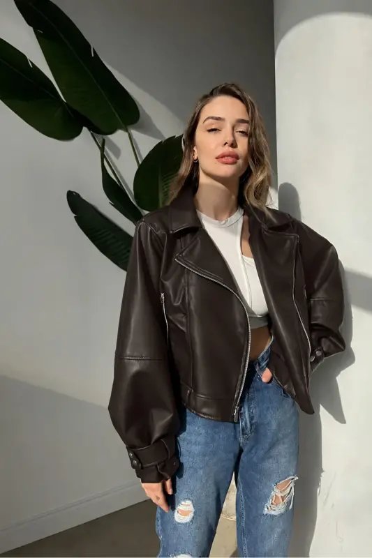 Kadın Acı Kahve Oversize Deri Ceket - Acı Kahve - 1