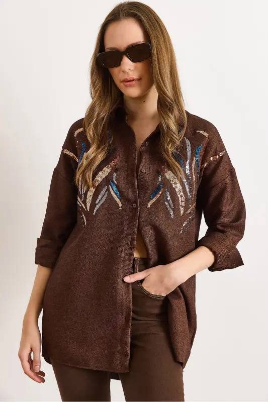 Kadın Acı Kahve Pul Payetli Yün Efektli Oversize Kışlık Gömlek GML-19001157 - Acı Kahve - OLALOOK