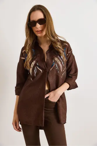 Kadın Acı Kahve Pul Payetli Yün Efektli Oversize Kışlık Gömlek GML-19001157 - Acı Kahve - 2