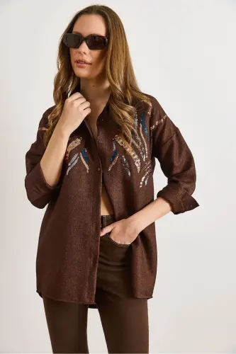 Kadın Acı Kahve Pul Payetli Yün Efektli Oversize Kışlık Gömlek GML-19001157-Acı Kahve - 3