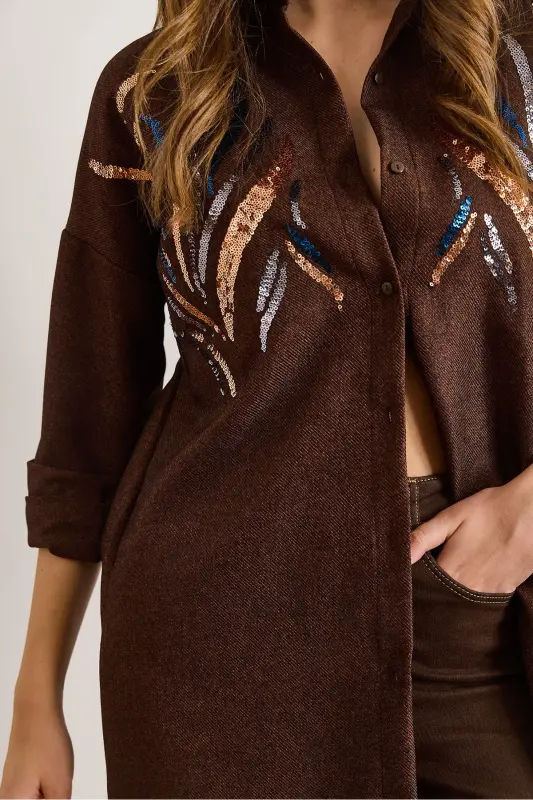 Kadın Acı Kahve Pul Payetli Yün Efektli Oversize Kışlık Gömlek GML-19001157-Acı Kahve - 4