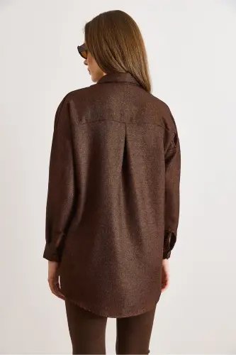 Kadın Acı Kahve Pul Payetli Yün Efektli Oversize Kışlık Gömlek GML-19001157-Acı Kahve - 5