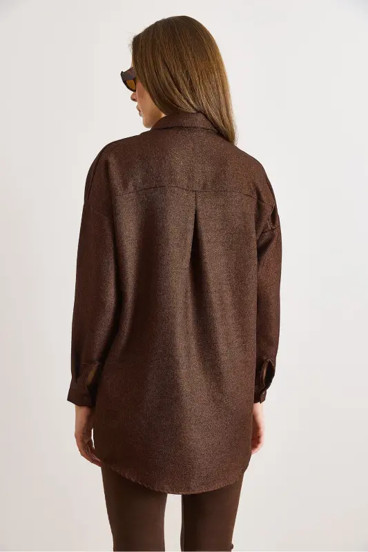 Kadın Acı Kahve Pul Payetli Yün Efektli Oversize Kışlık Gömlek GML-19001157-Acı Kahve - 5