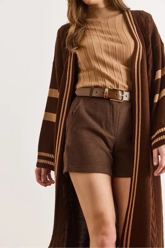 Kadın Acı Kahve Şerit Detaylı Maxi Oversize Triko Hırka HRK-19000317-Acı Kahve - 3