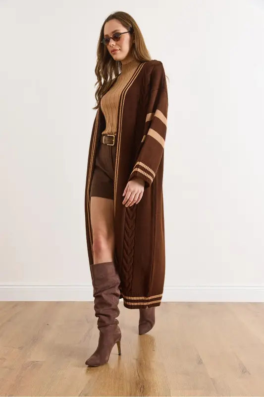 Kadın Acı Kahve Şerit Detaylı Maxi Oversize Triko Hırka HRK-19000317-Acı Kahve - 5