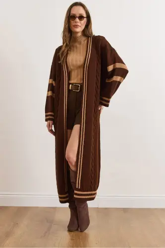 Kadın Acı Kahve Şerit Detaylı Maxi Oversize Triko Hırka HRK-19000317-Acı Kahve - 6