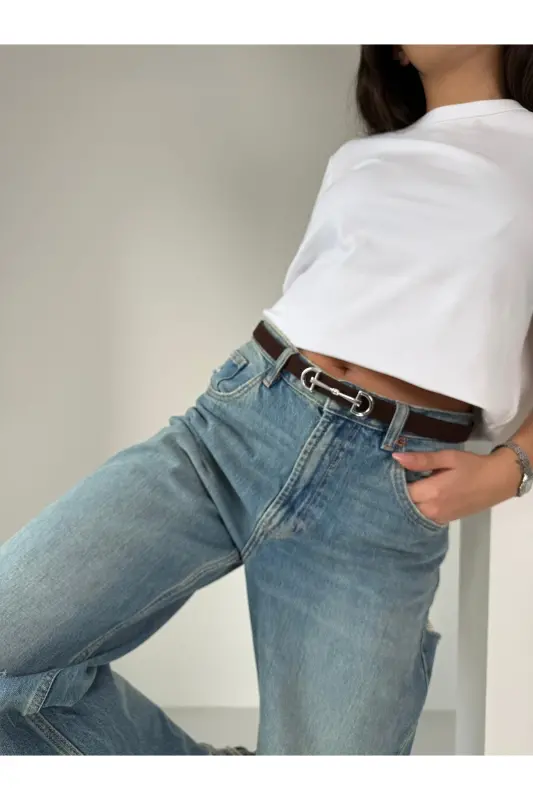 Kadın Acı Kahve Süet Uzun Silver Çift Tokalı Kemer-Süet Acı - 2