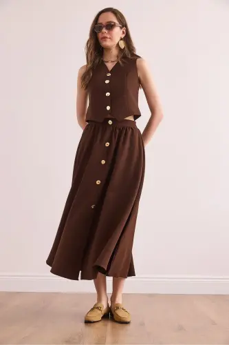 Kadın Acı Kahve Üst Astarlı Yelek Alt Düğmeli Kloş EtekTakım TKM-19000376 - Acı Kahve - 4