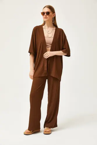 Kadın Acı Kahve Üst Kimono Alt Pantolon Takım TKM-19000280 - Acı Kahve - 3