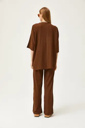 Kadın Acı Kahve Üst Kimono Alt Pantolon Takım TKM-19000280 - Acı Kahve - 5