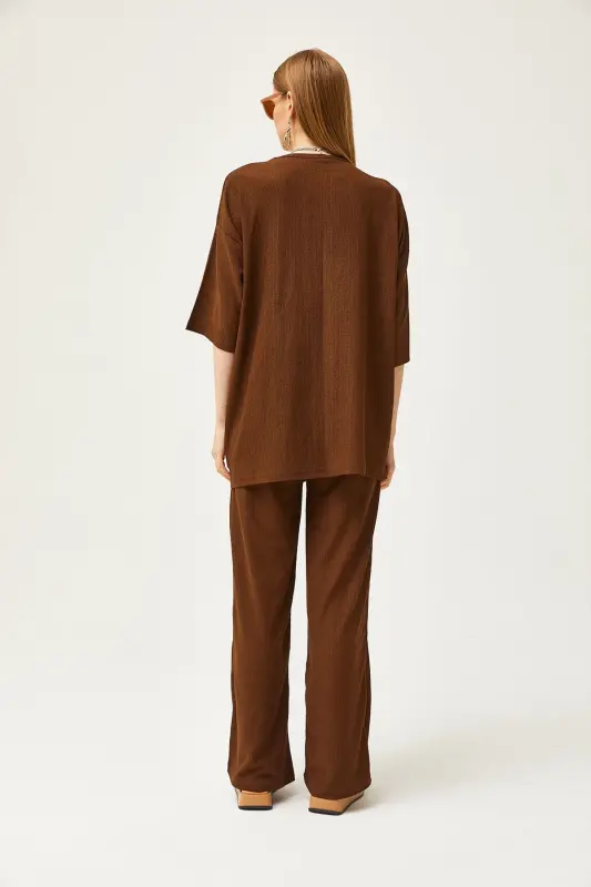 Kadın Acı Kahve Üst Kimono Alt Pantolon Takım TKM-19000280 - Acı Kahve - 5