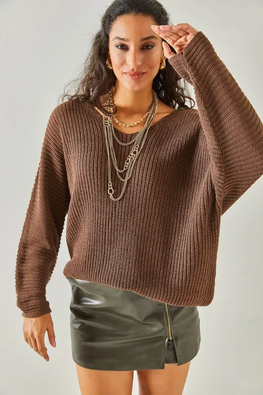 Kadın Acı Kahve V Yaka Selanik Örgü Oversize Triko Tunik TNK-19000081 - Acı Kahve - 3