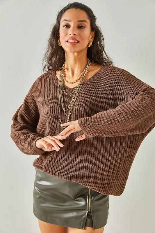 Kadın Acı Kahve V Yaka Selanik Örgü Oversize Triko Tunik TNK-19000081 - Acı Kahve - 4