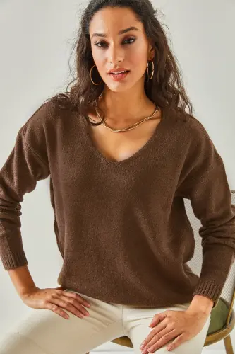 Kadın Acı Kahve V Yaka Yumuşak Dokulu Triko Kazak KZK-19000598-Acı Kahve 