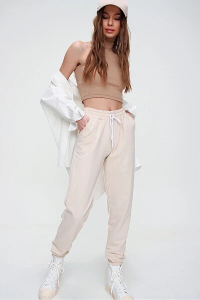 Kadın Açık Bej Beli Ve Paçası Lastikli Basic Eşofman Altı Alc-X5902-AÇIK BEJ - 4