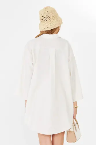 Kadın Açık Bej Kendinden Çizgili Önden Bağlamalı Kimono Gömlek ARM-24Y001101 - Açık Bej - 7
