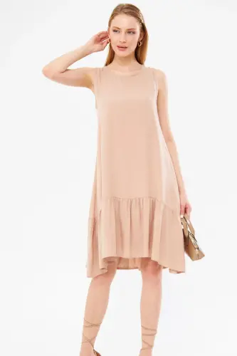 Kadın Açık Bej KOLSUZ ETEĞİ FIRFIRLI ELBİSE ARM-18Y001156-AÇIK BEJ - 3