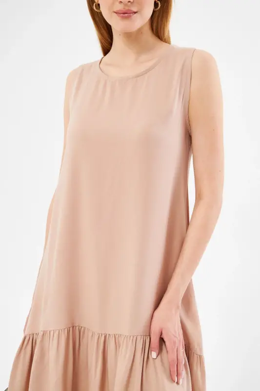 Kadın Açık Bej KOLSUZ ETEĞİ FIRFIRLI ELBİSE ARM-18Y001156-AÇIK BEJ - 2